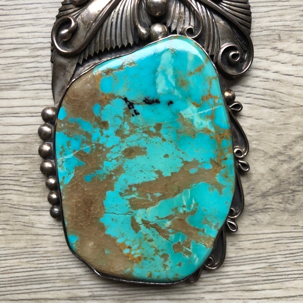 HUGE Vintage Navajo Kingman Turquoise 925 Sterling Silver Pendant Statemnt Piece - Picture 7 of 17